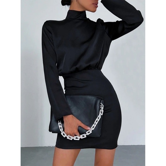 Commense Black Mini Dress Long Sleeve Mock Neck Tie Back Cocktail Bodycon M - Picture 4 of 17